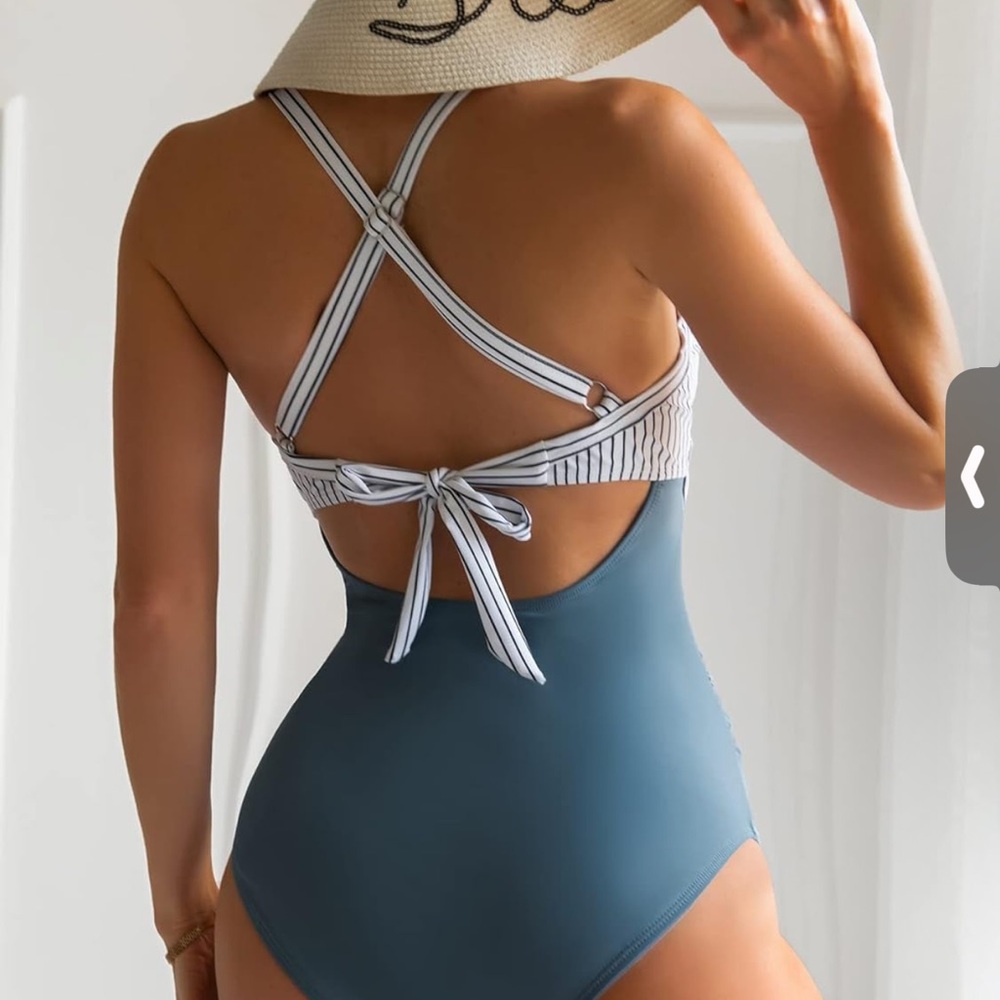 NWT Striped Tie-Back One-Piece Swimsuit in Slate Blue and White